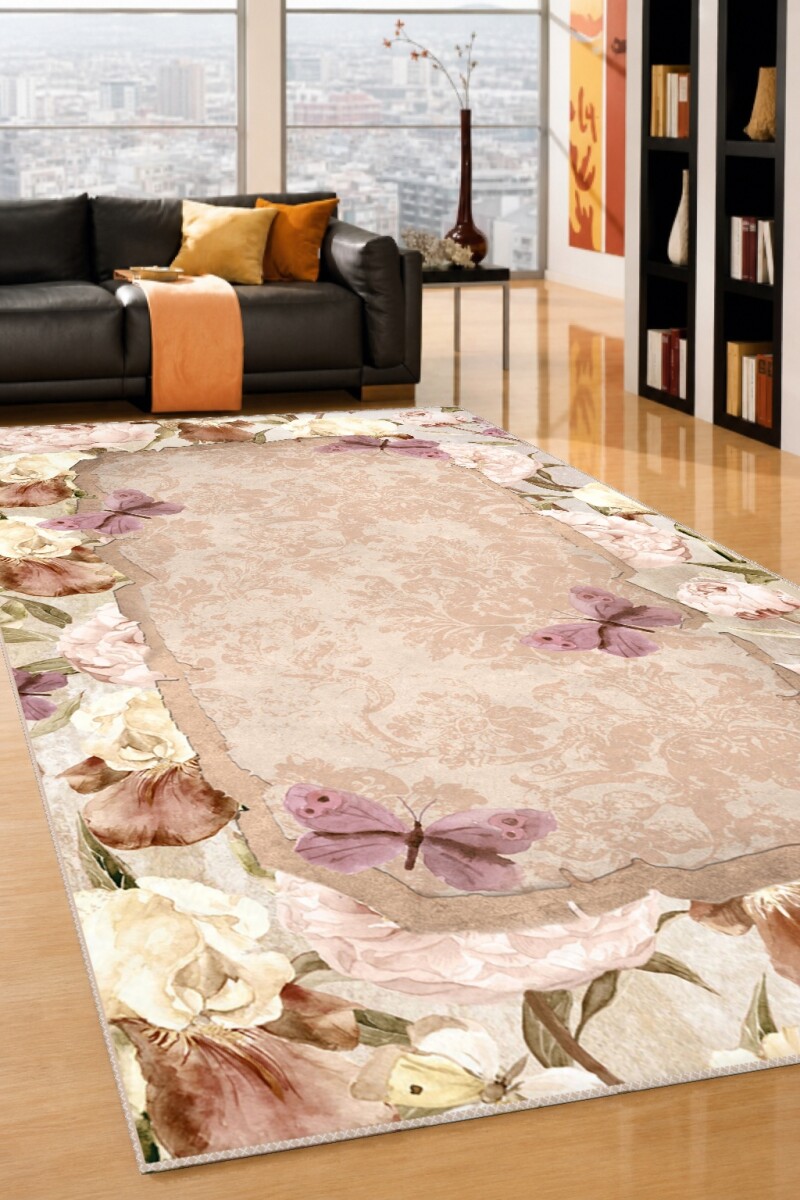 Şakayık Iris Çerçeveli Kelebek Damask Halı
