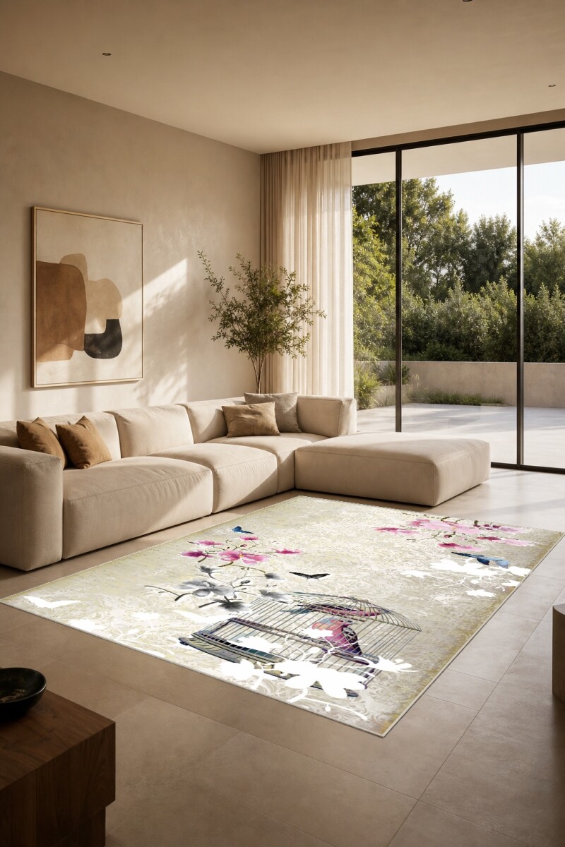 Krem Damask Zemin Pembe Manolya Mavi Kuş Kafes Chinoiserie Halı