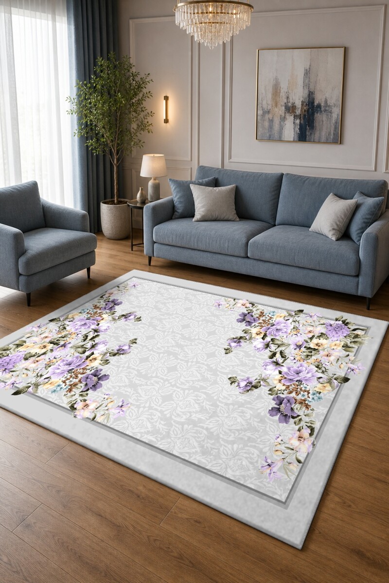 Gri Damask Zemin Lila Mor Çiçek Buketi Köşe Çerçeve Halı