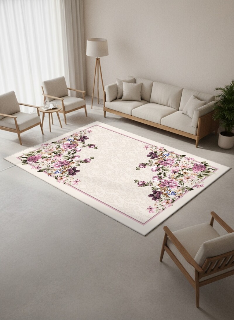 Krem Pudra Damask Zemin Lila Pembe Çiçek Buketi Çerçeve Halı