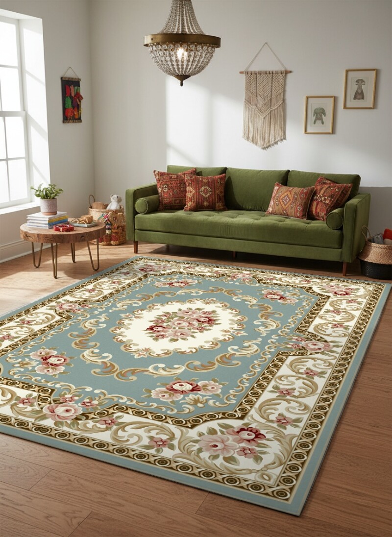 Fransız Aubusson Mavi Çiçek Madalyon Halı