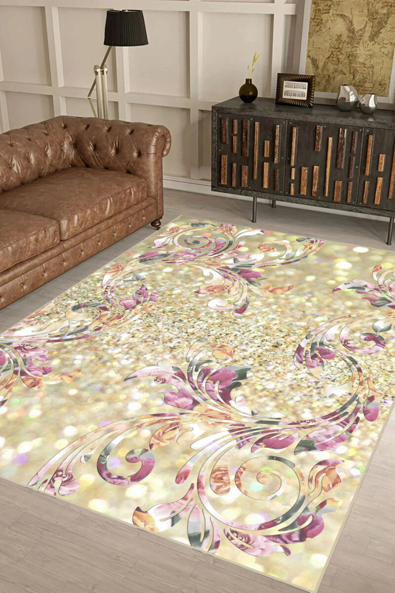 Altın Glitter Çiçek Arabesk Dekoratif Halı