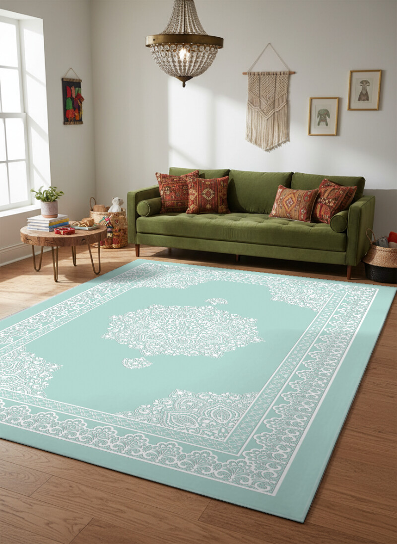Mint Mandala Dantel Madalyon Dekoratif Halı
