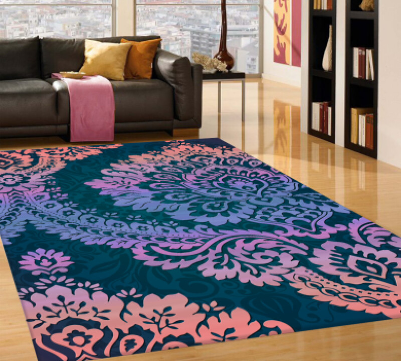 Teal Zemin Renkli Damask Boho Dekoratif Halı