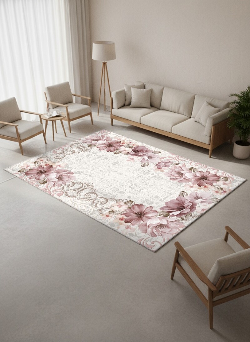 Büyük Çiçek Bordür Romantik Dekoratif Halı