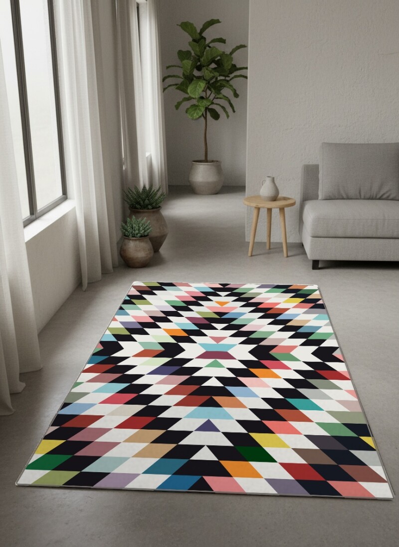 Simetrik Çok Renkli Geometrik Dekoratif Halı