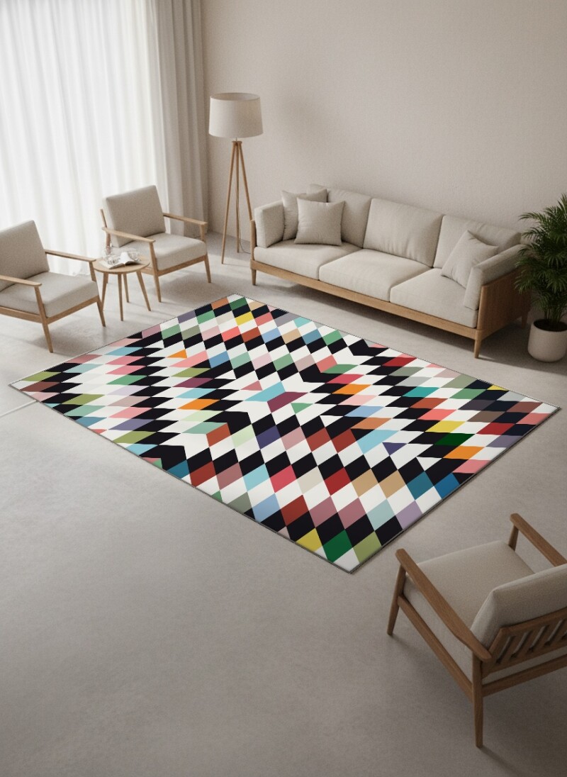 Simetrik Çok Renkli Geometrik Dekoratif Halı