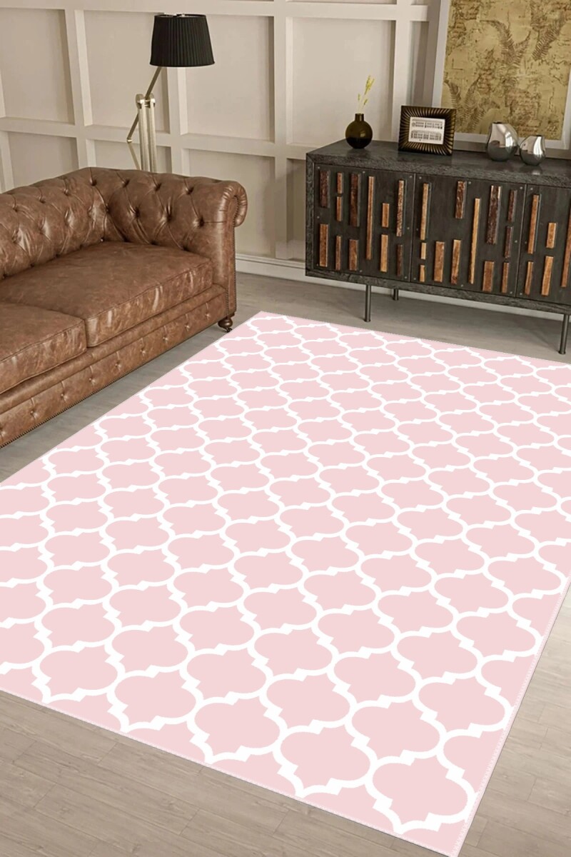 Pembe Beyaz Fas Kafes Quatrefoil Halı