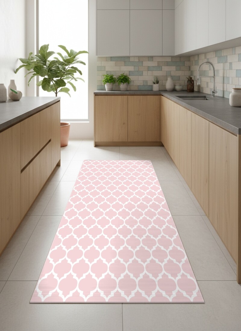 Pembe Beyaz Fas Kafes Quatrefoil Halı