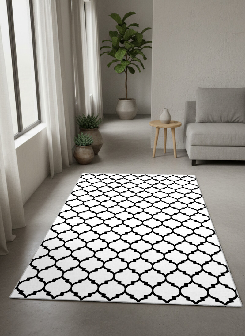 Siyah Beyaz Fas Kafes Quatrefoil Halı