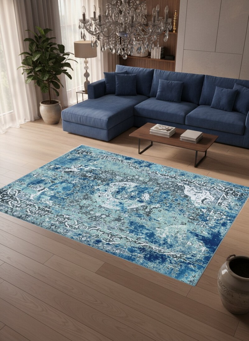 Lacivert Mavi Vintage Distressed Madalyon Halı