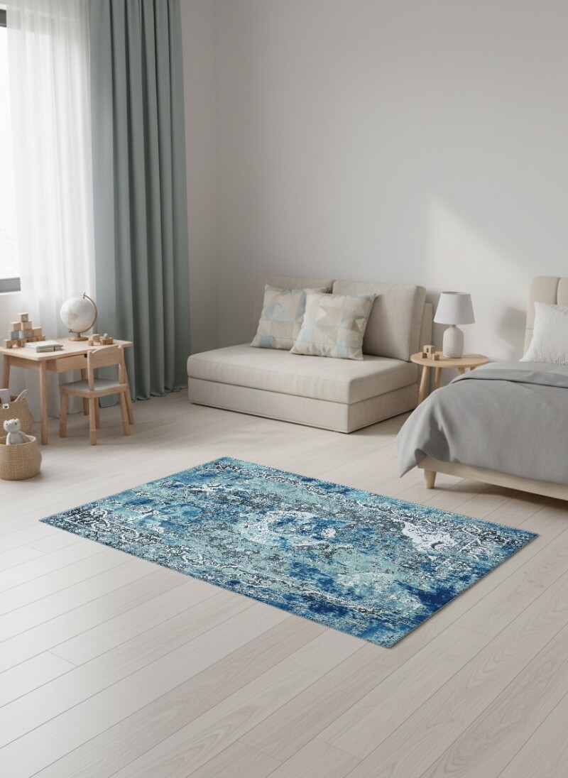 Lacivert Mavi Vintage Distressed Madalyon Halı