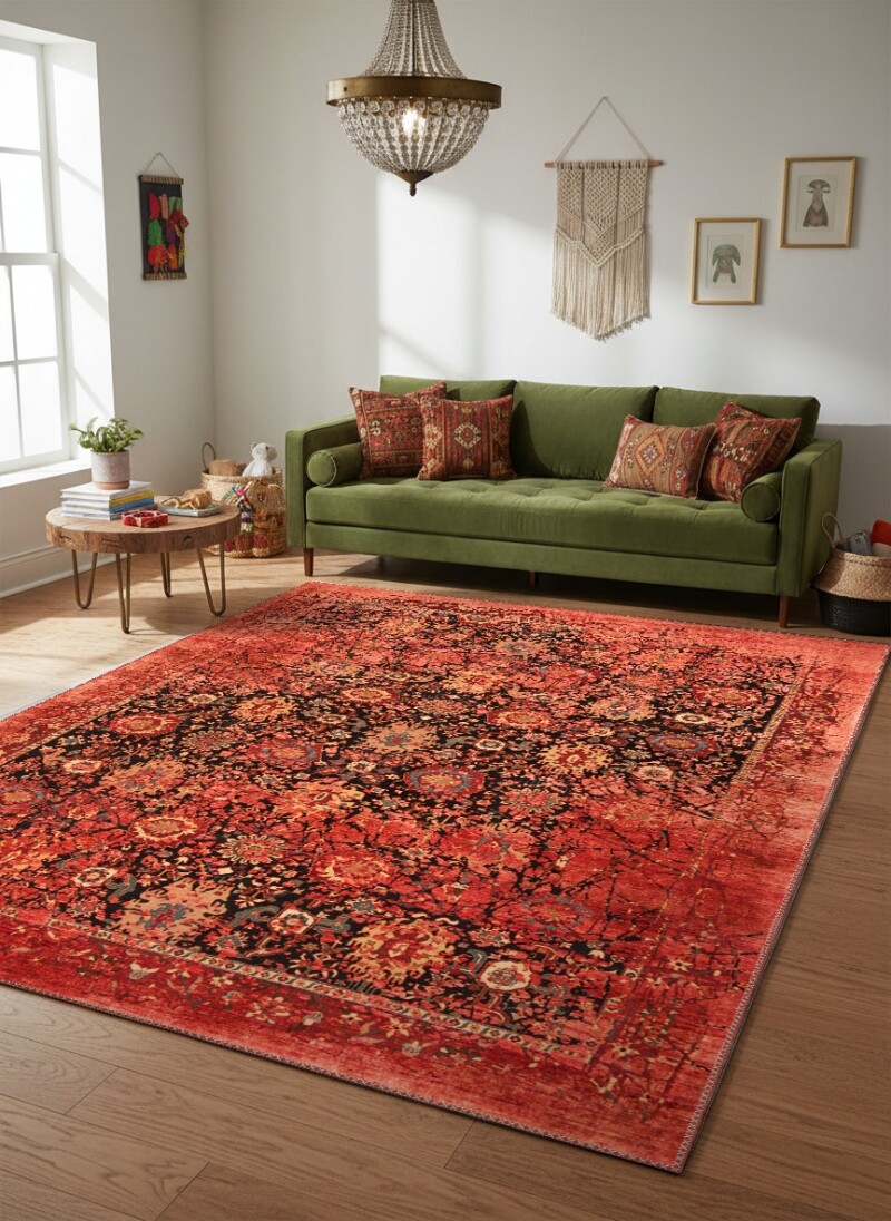 Kırmızı Bordo Vintage Pers Çiçek Yüzey Halı