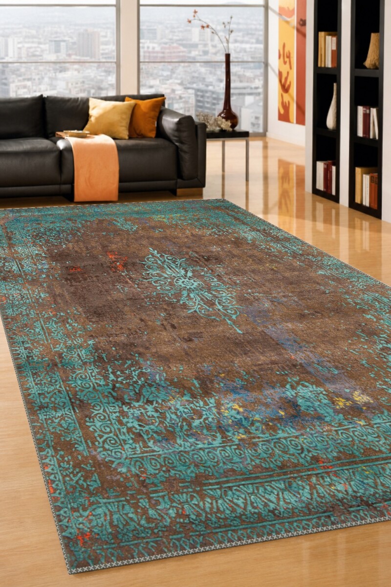 Bakır Turkuaz Vintage Distressed Arabesk Halı