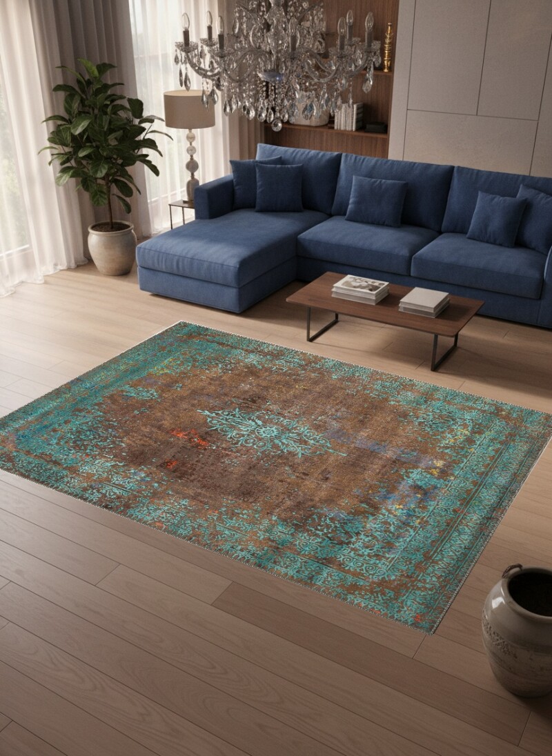 Bakır Turkuaz Vintage Distressed Arabesk Halı