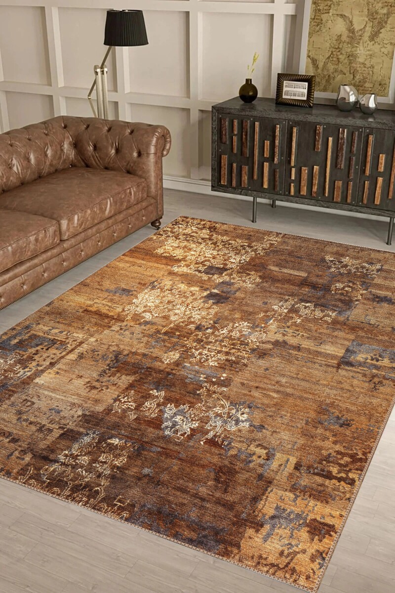 Kahverengi Altın Damask Eskitme Halı