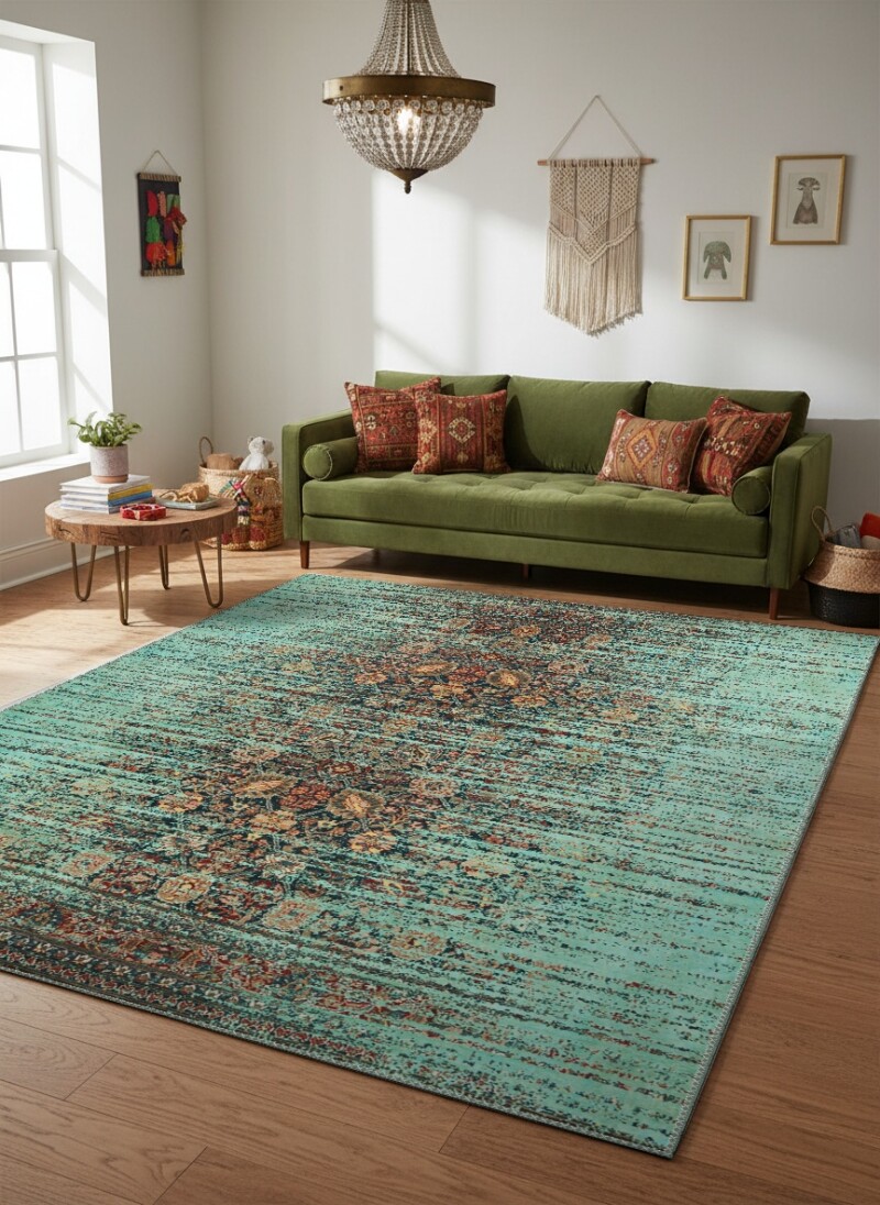 Turkuaz Vintage Distressed Dikey Arabesk Halı