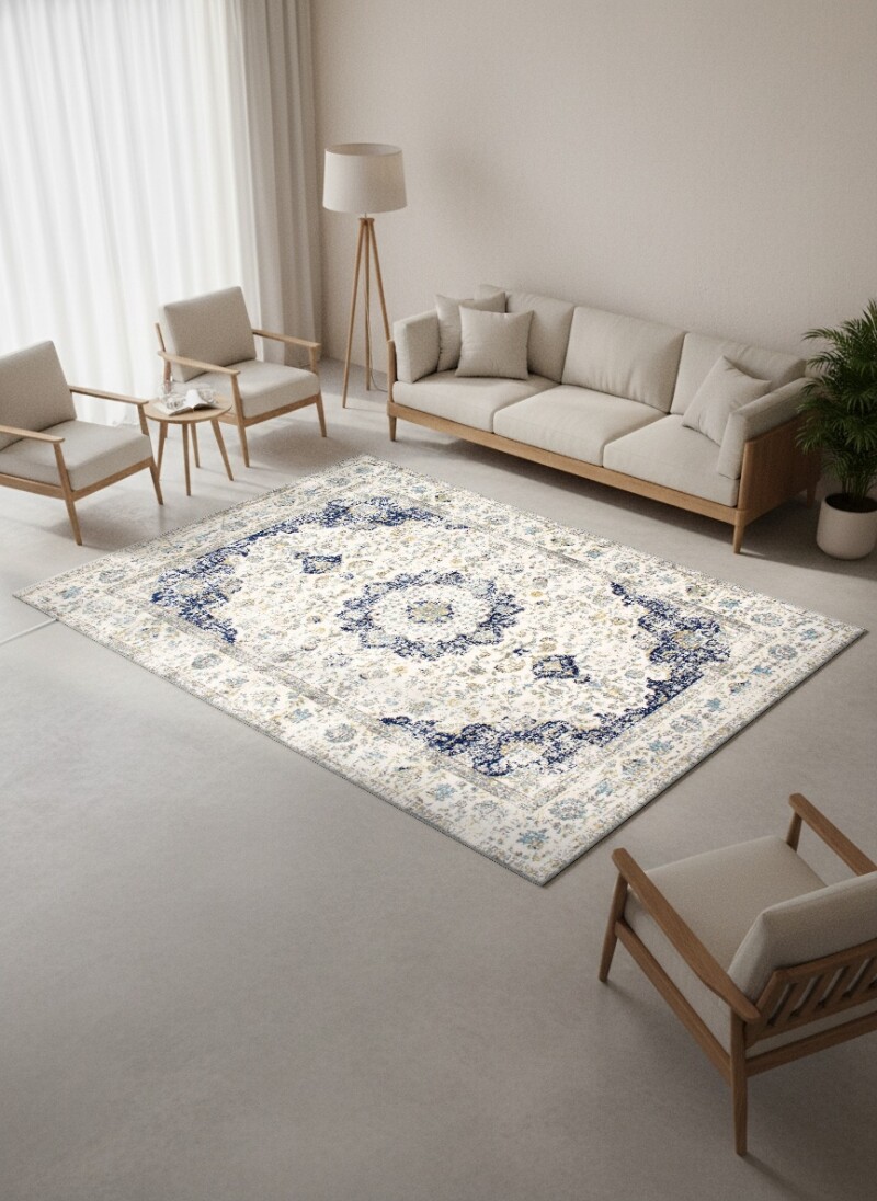 Krem Lacivert Vintage Distressed Pers Madalyon Halı