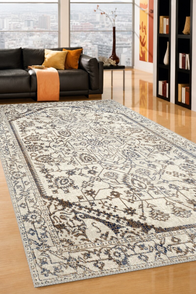 Krem Gri Taupe Vintage Pers Geometrik Madalyon Halı