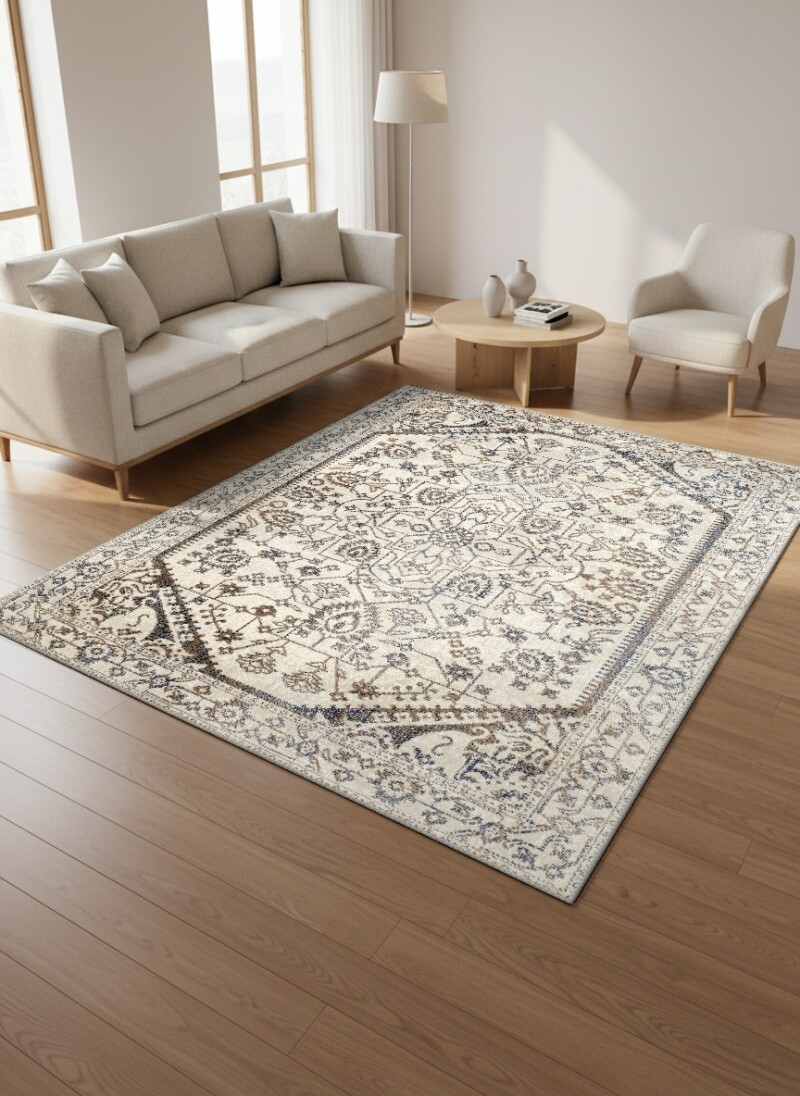 Krem Gri Taupe Vintage Pers Geometrik Madalyon Halı