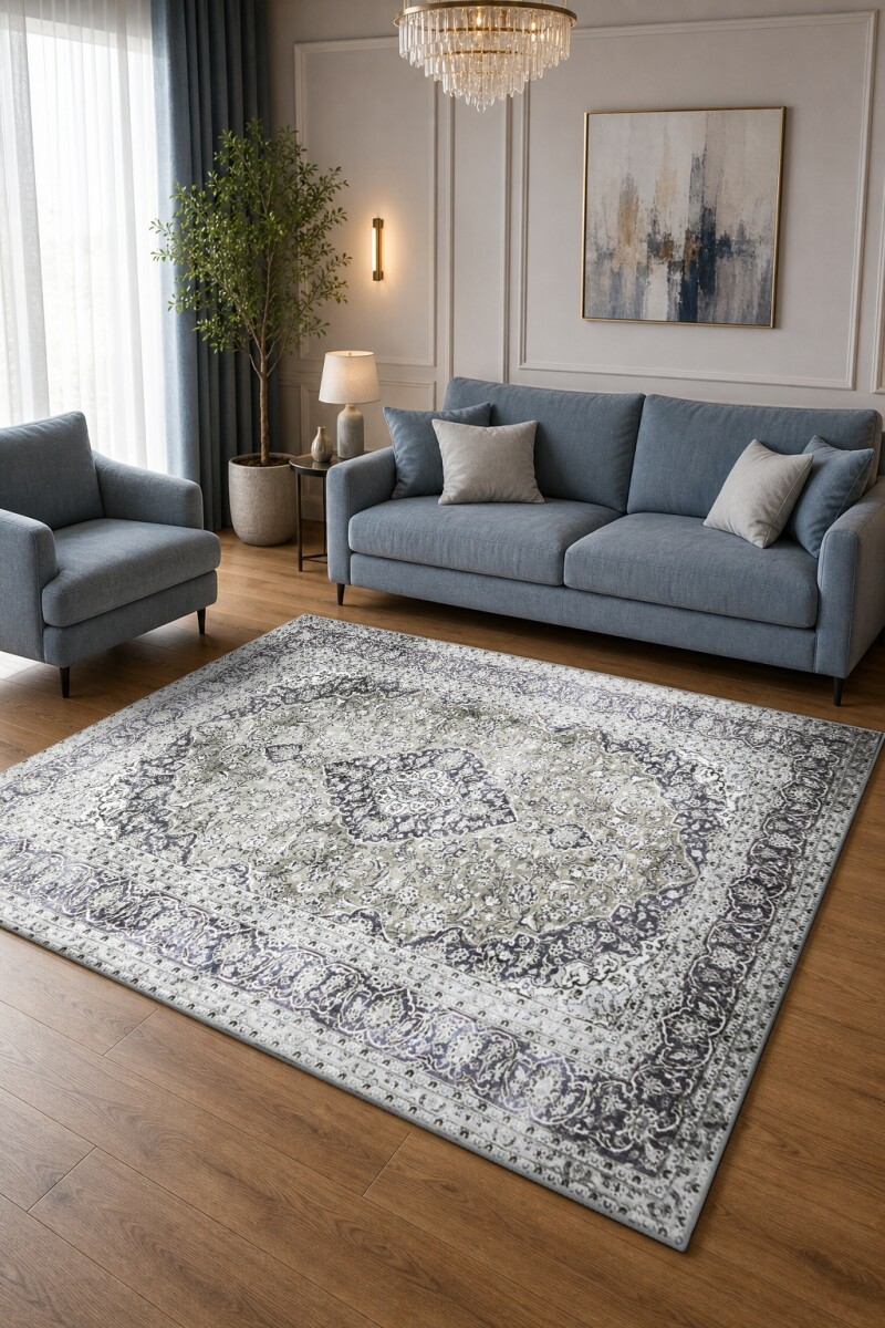 Gri Krem Vintage Pers Geometrik Madalyon Halı