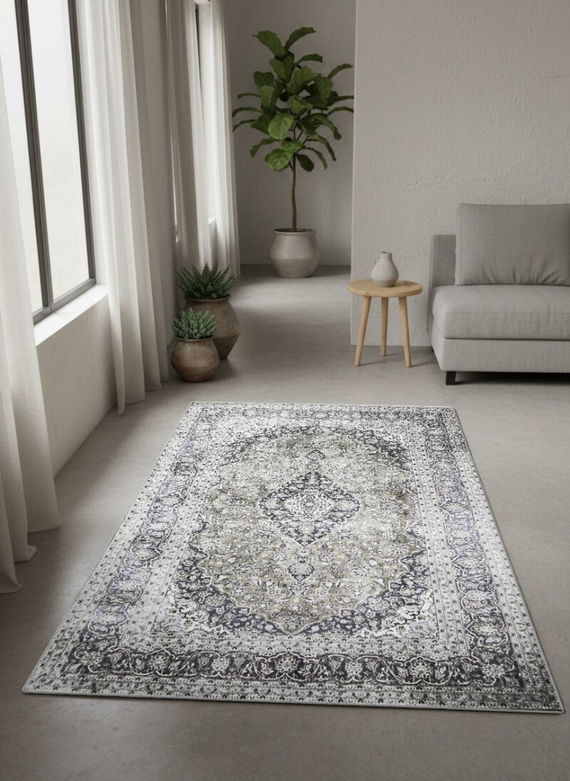 Gri Krem Vintage Pers Geometrik Madalyon Halı