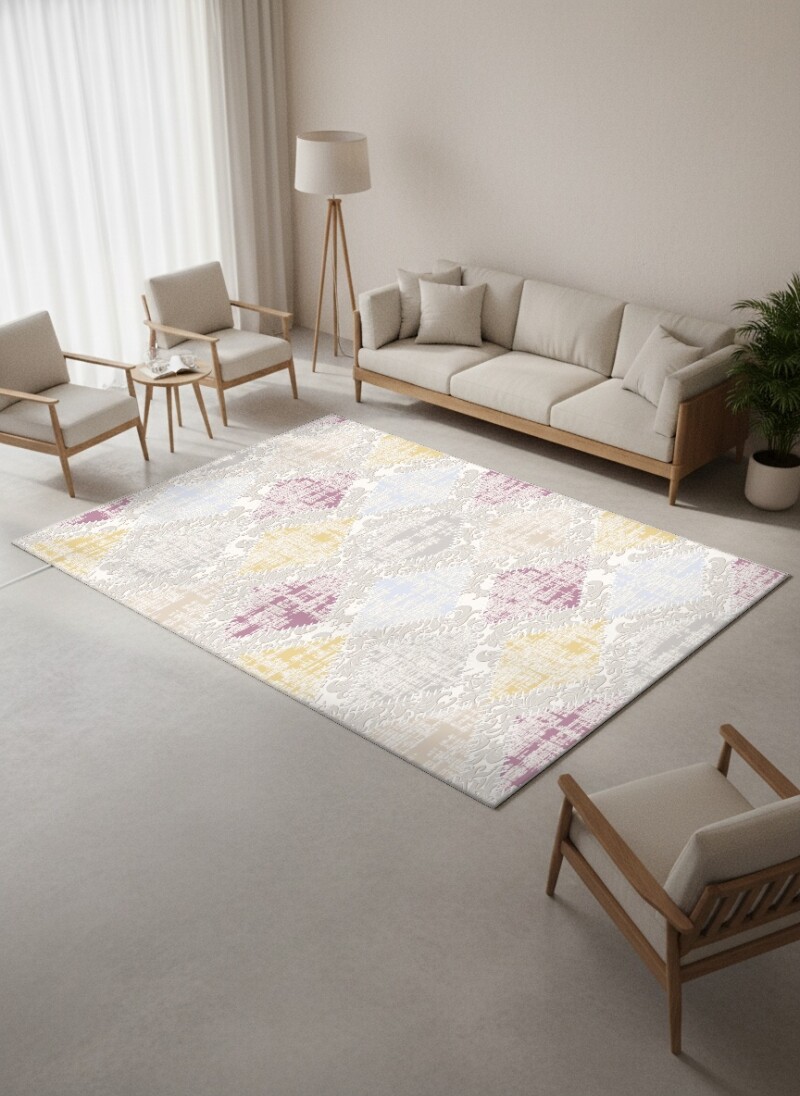Krem Zemin Pastel Patchwork Baklava Arabesk Karma Renkli Halı