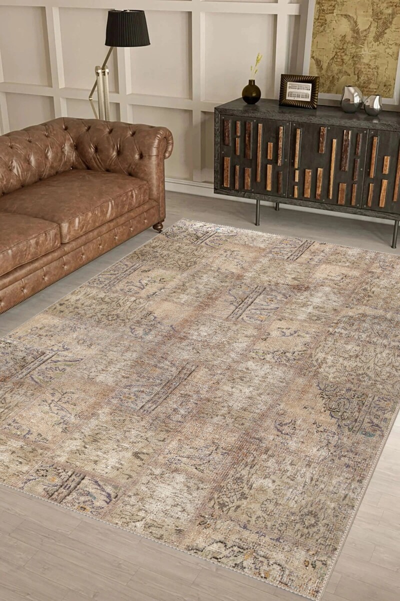Bej Kum Eskitme Patchwork Pers Motifleri Vintage Halı