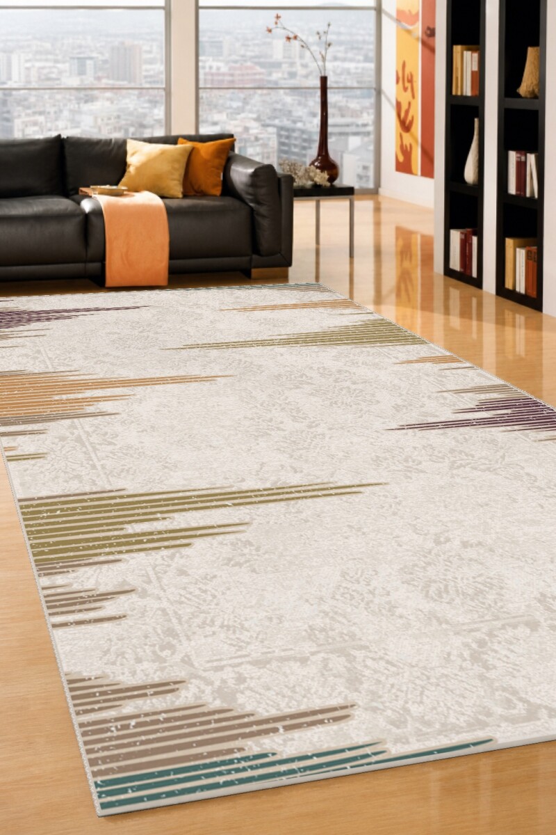 Krem Damask Zemin Renkli Yatay Şerit Kenarlı Modern Halı