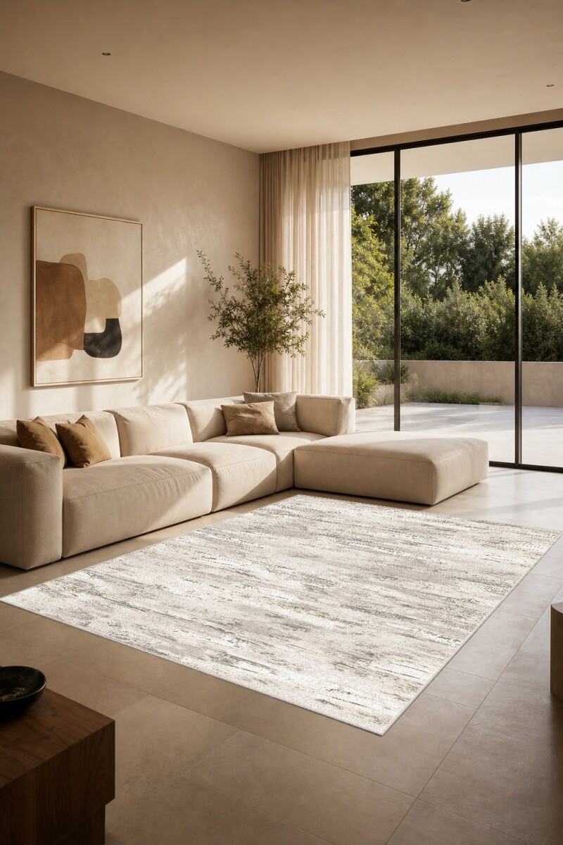 Krem Beyaz Eskitme Soyut Fırça İzli Minimal Sade Halı