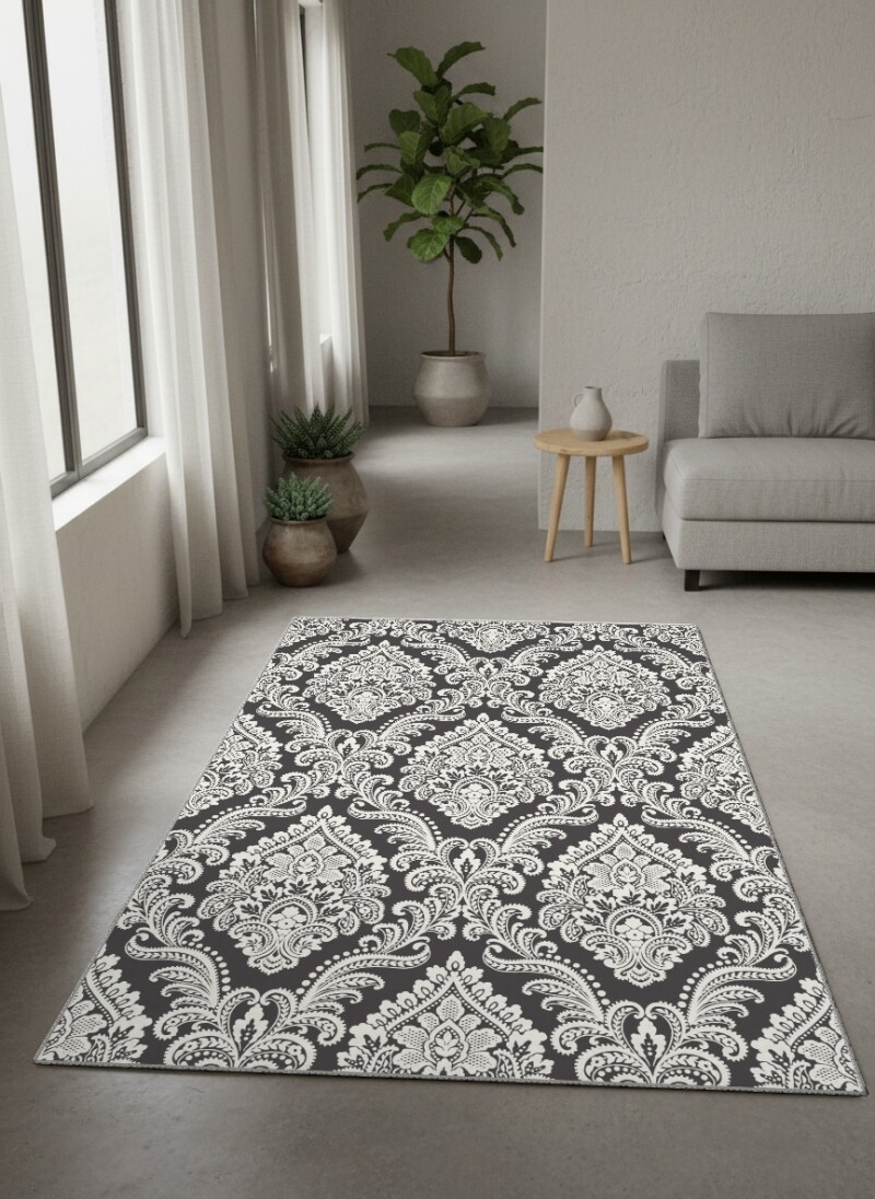 Siyah Zemin Beyaz Büyük Damask Barok Motifli Klasik Halı