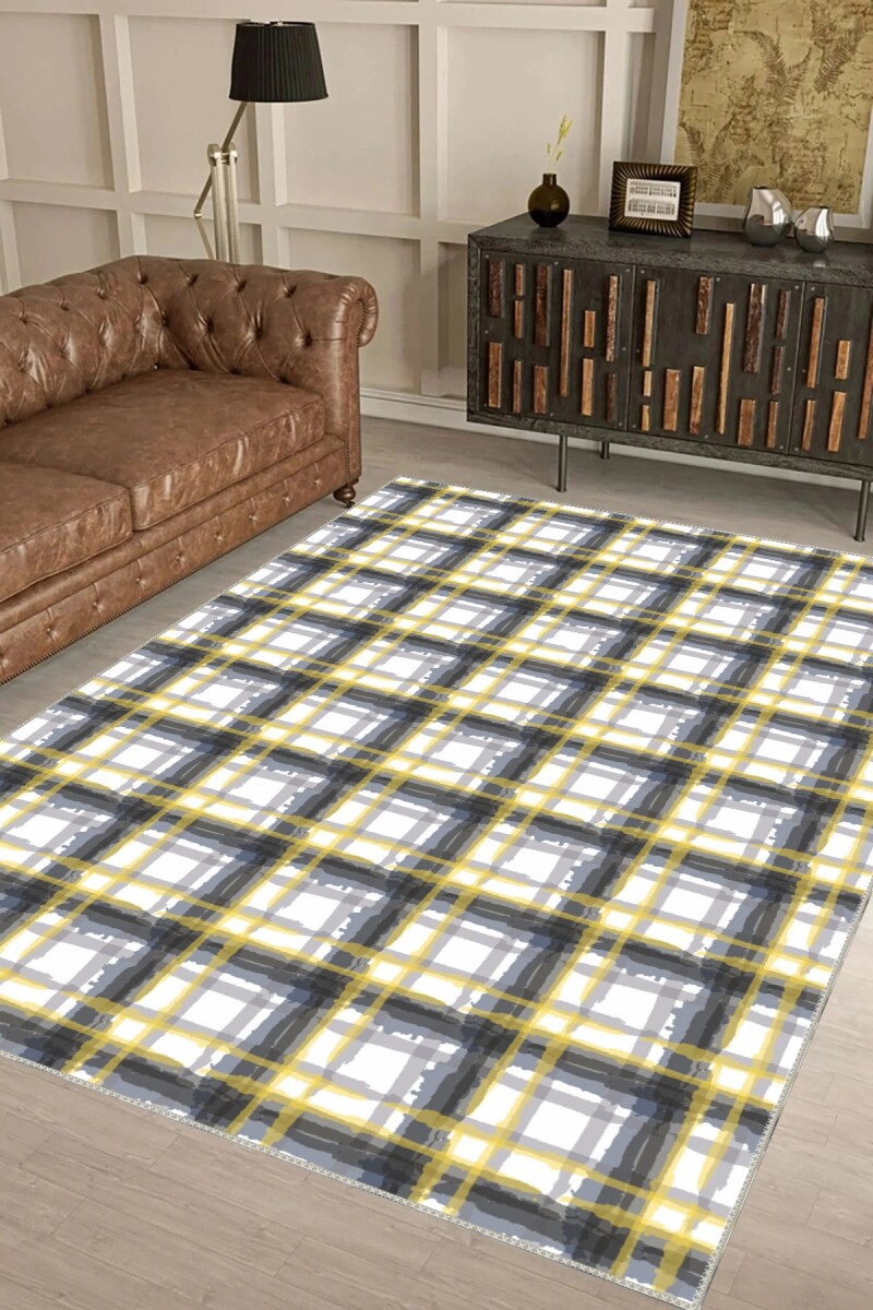 Beyaz Zemin Sarı Hardal Gri El Fırçası Ekose Çizgili Halı