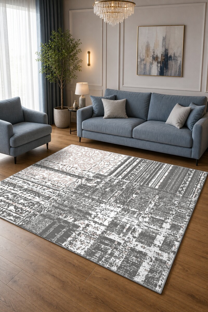 Gri Bej Zemin Eskitme Karma Desen Kare Blok Patchwork Halı