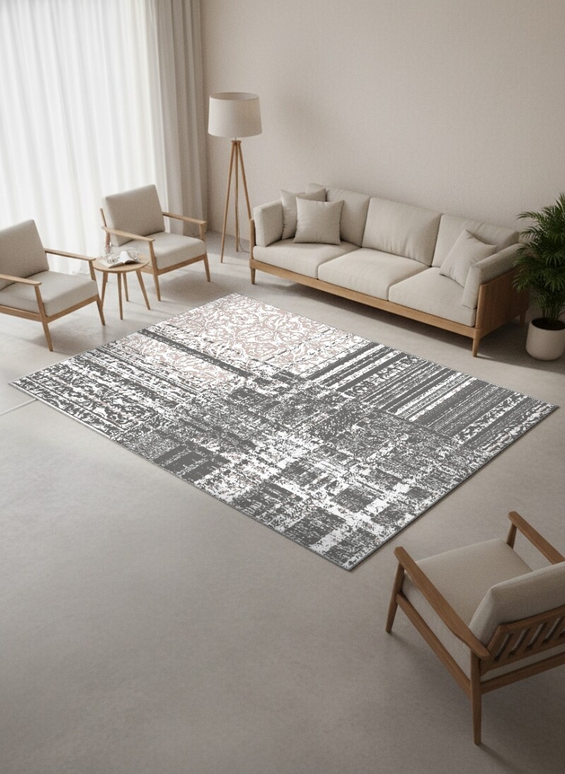 Gri Bej Zemin Eskitme Karma Desen Kare Blok Patchwork Halı