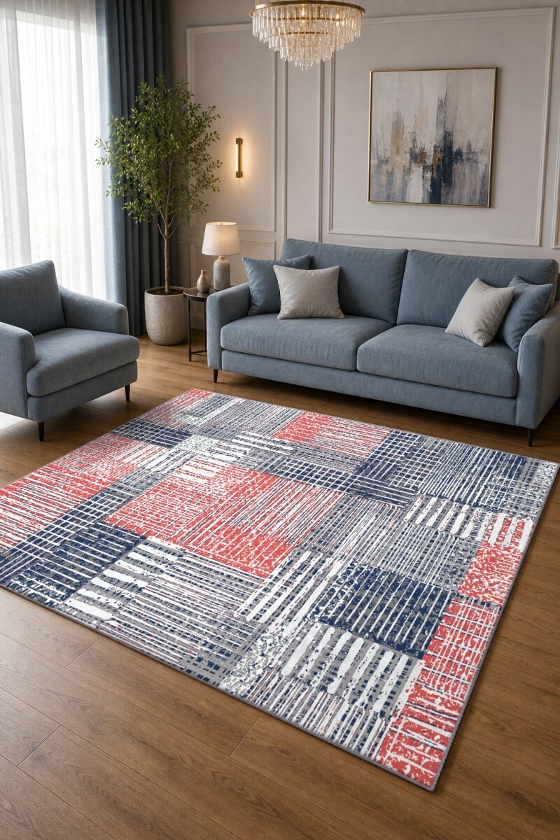 Krem Zemin Lacivert Kırmızı Beyaz El Fırçası Kafes Izgara Patchwork Halı