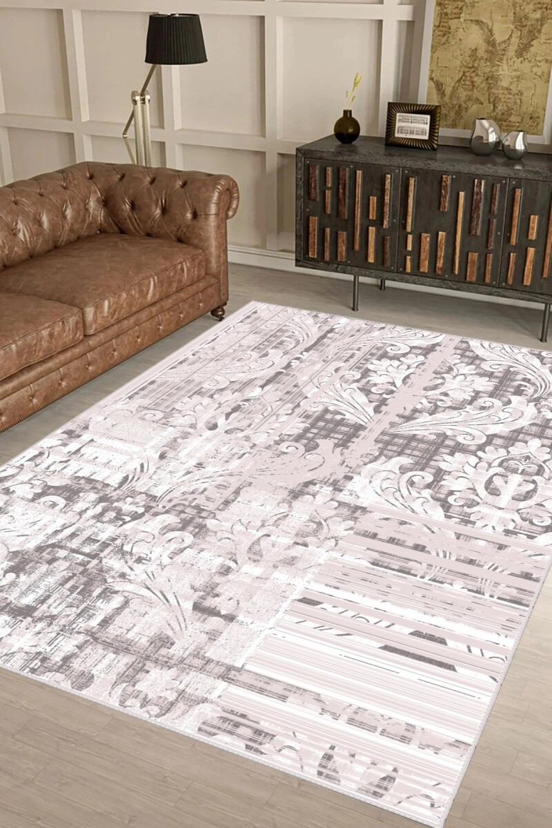 Açık Pembe Gri Zemin Eskitme Damask Ekose Çizgili Karma Patchwork Halı