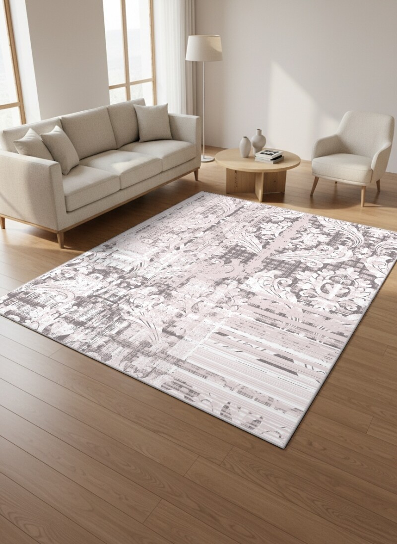 Açık Pembe Gri Zemin Eskitme Damask Ekose Çizgili Karma Patchwork Halı