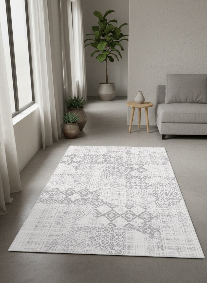 Açık Gri Beyaz Ton Geometrik Damask İkat Kare Blok Patchwork Halı