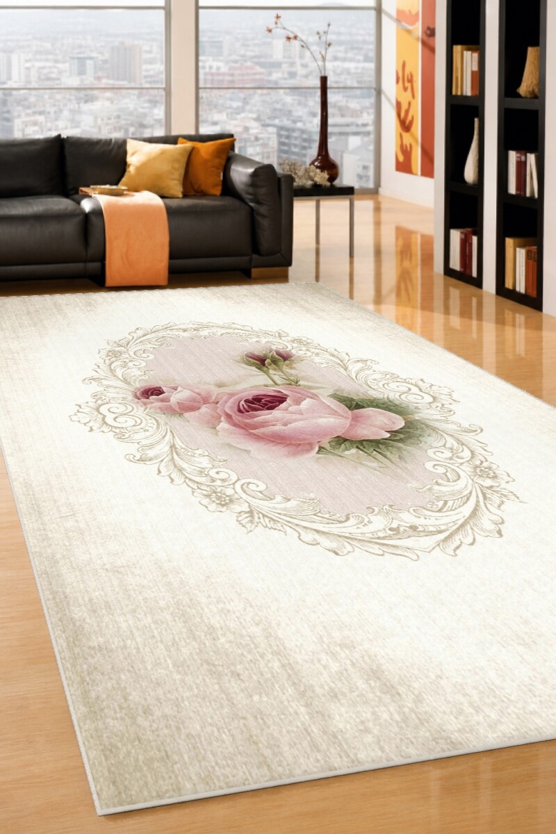Shabby Chic Gül Oval Madalyon Dekoratif Halı