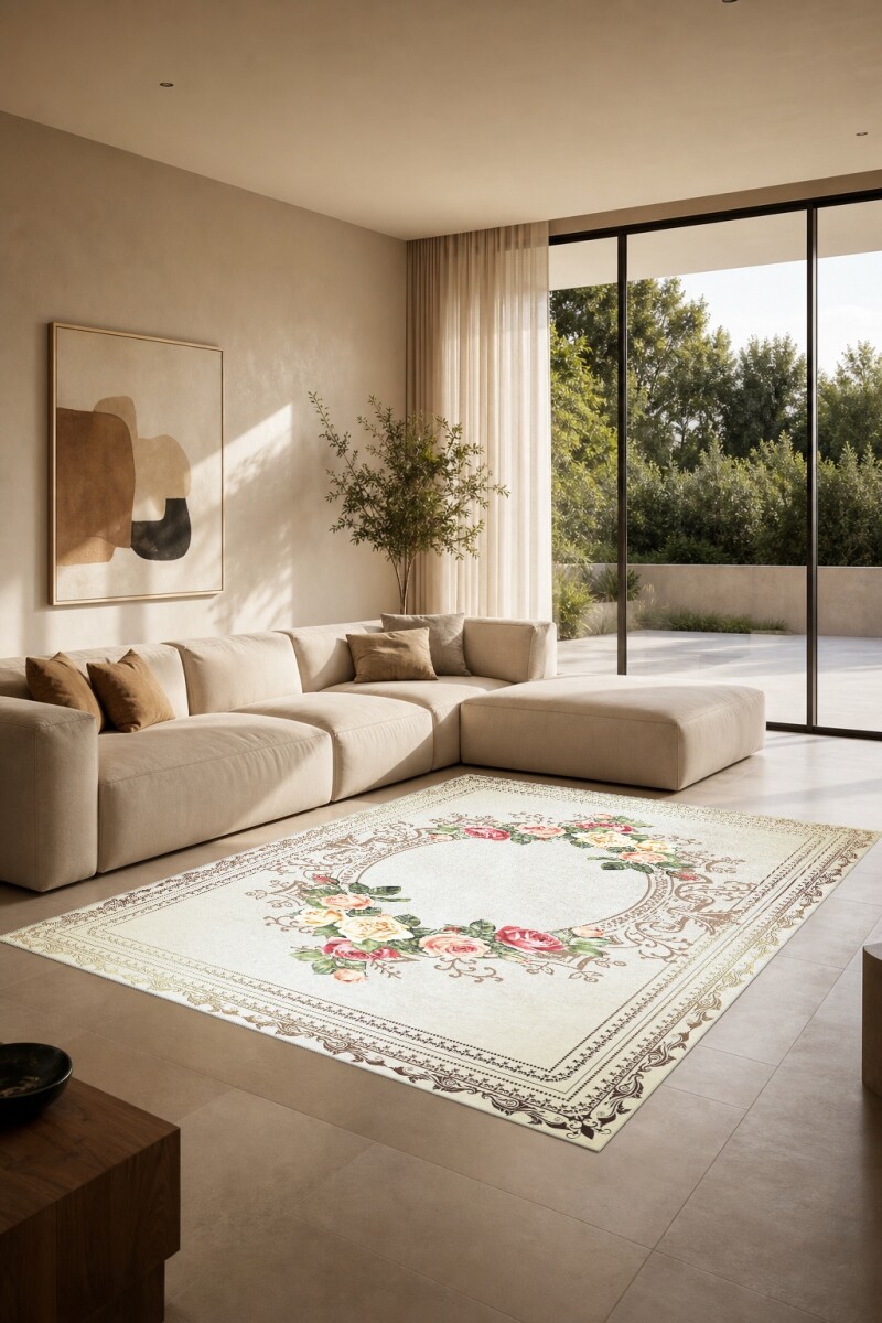 Gül Çelenk Oval Çerçeve Dekoratif Halı