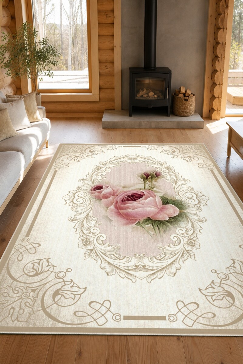 Shabby Chic Pembe Gül Oval Çerçeve Halı