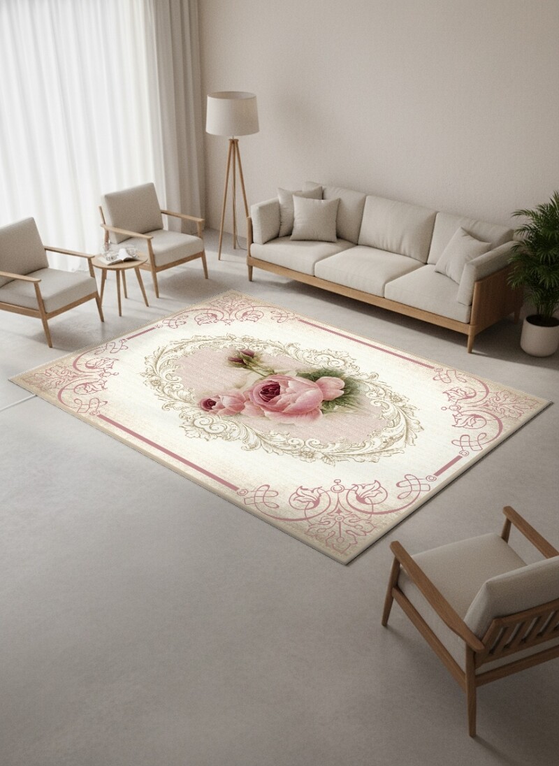 Pembe Bordürlü Gül Oval Çerçeve Halı