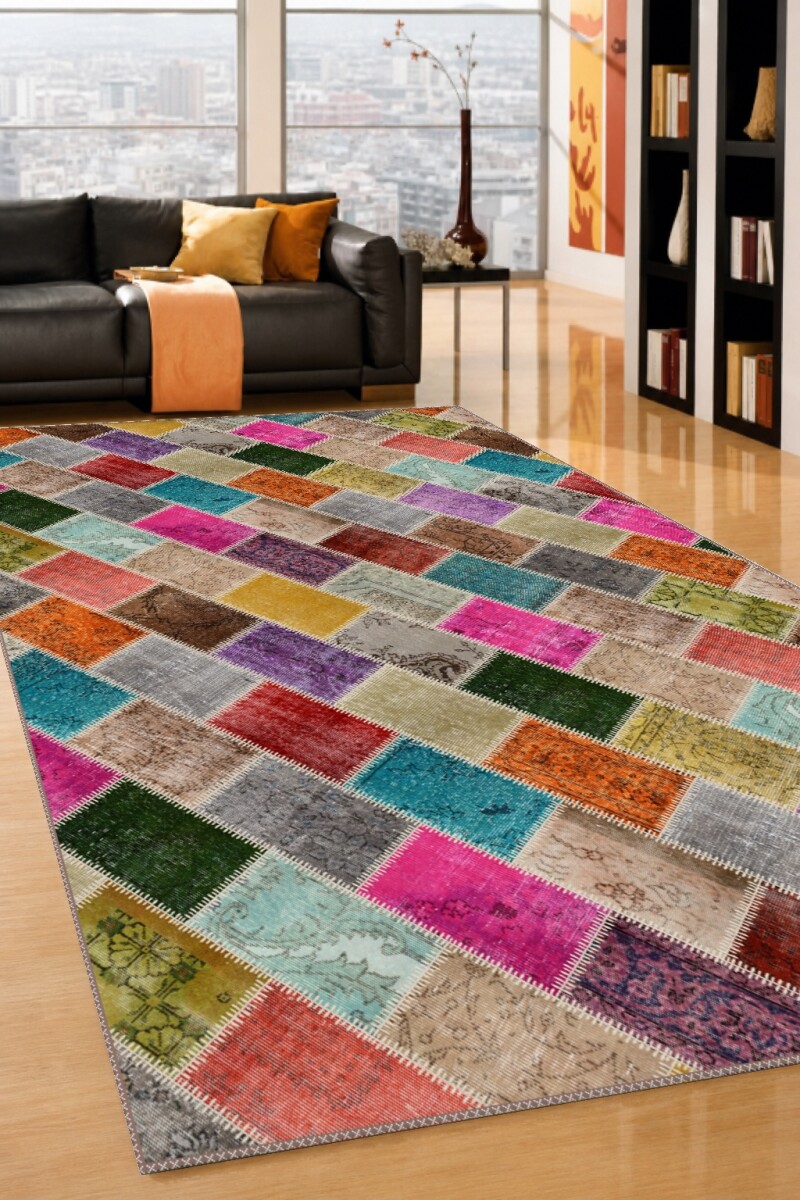 Çok Renkli Vintage Patchwork Eskitme Halı