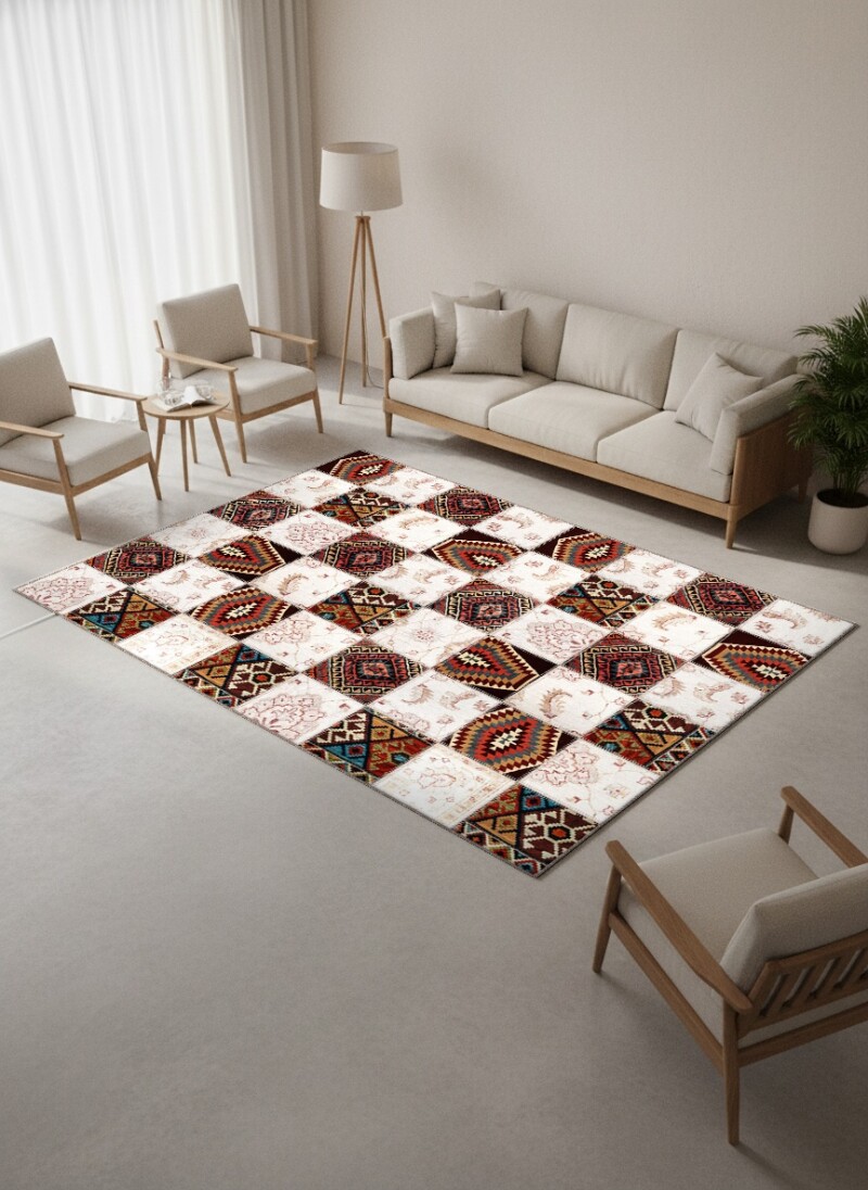 Beyaz Krem Zemin Renkli Anadolu Kilim Patchwork Halı