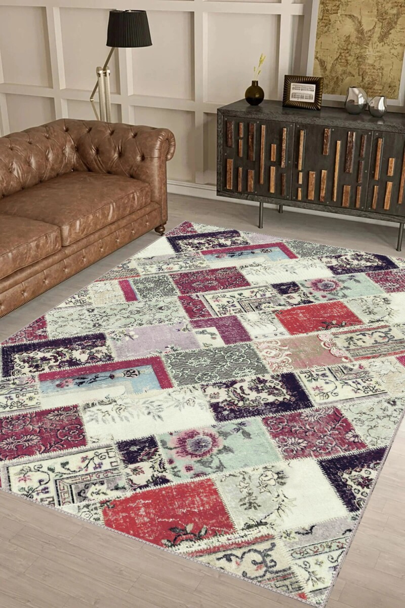Köşegen Çok Renkli Pers Motifli Eskitme Patchwork Halı