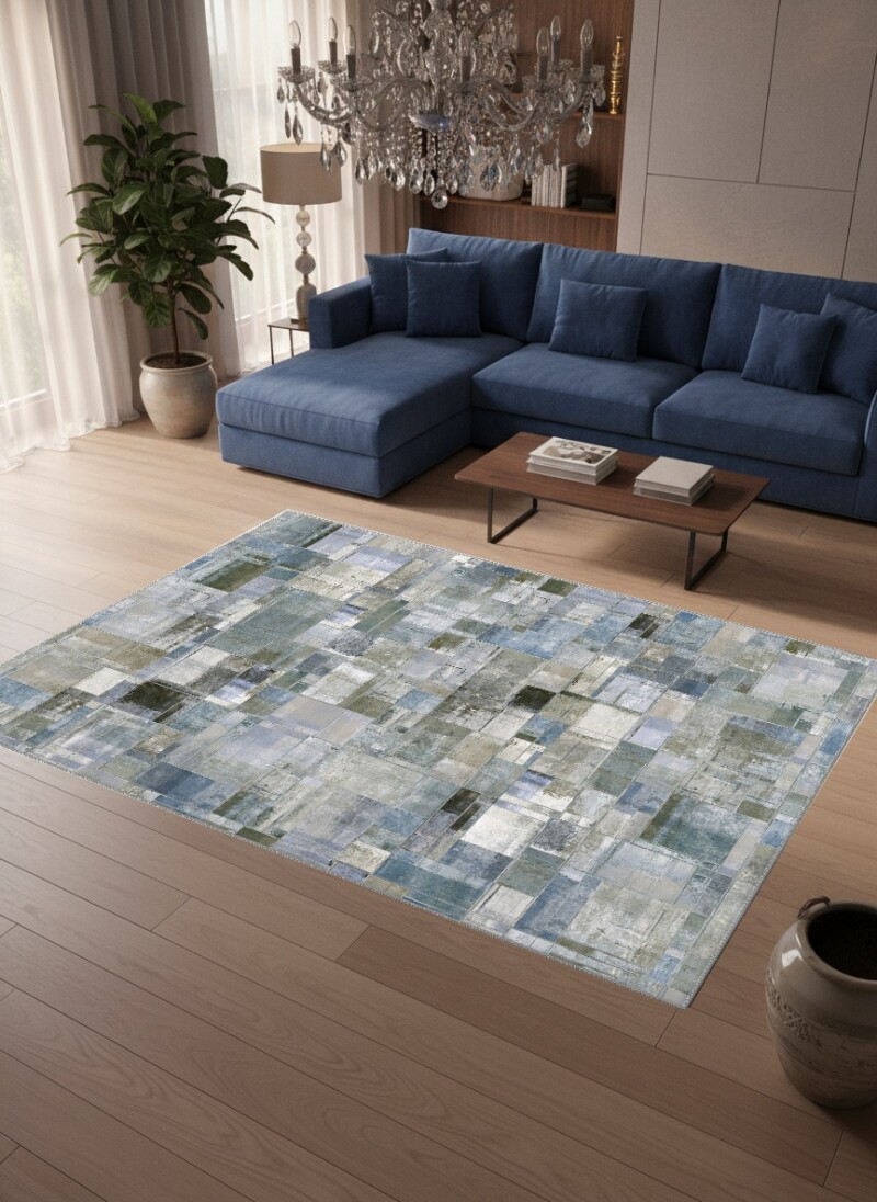 Mavi Gri Bej Antrasit Modern Soyut Blok Patchwork Halı