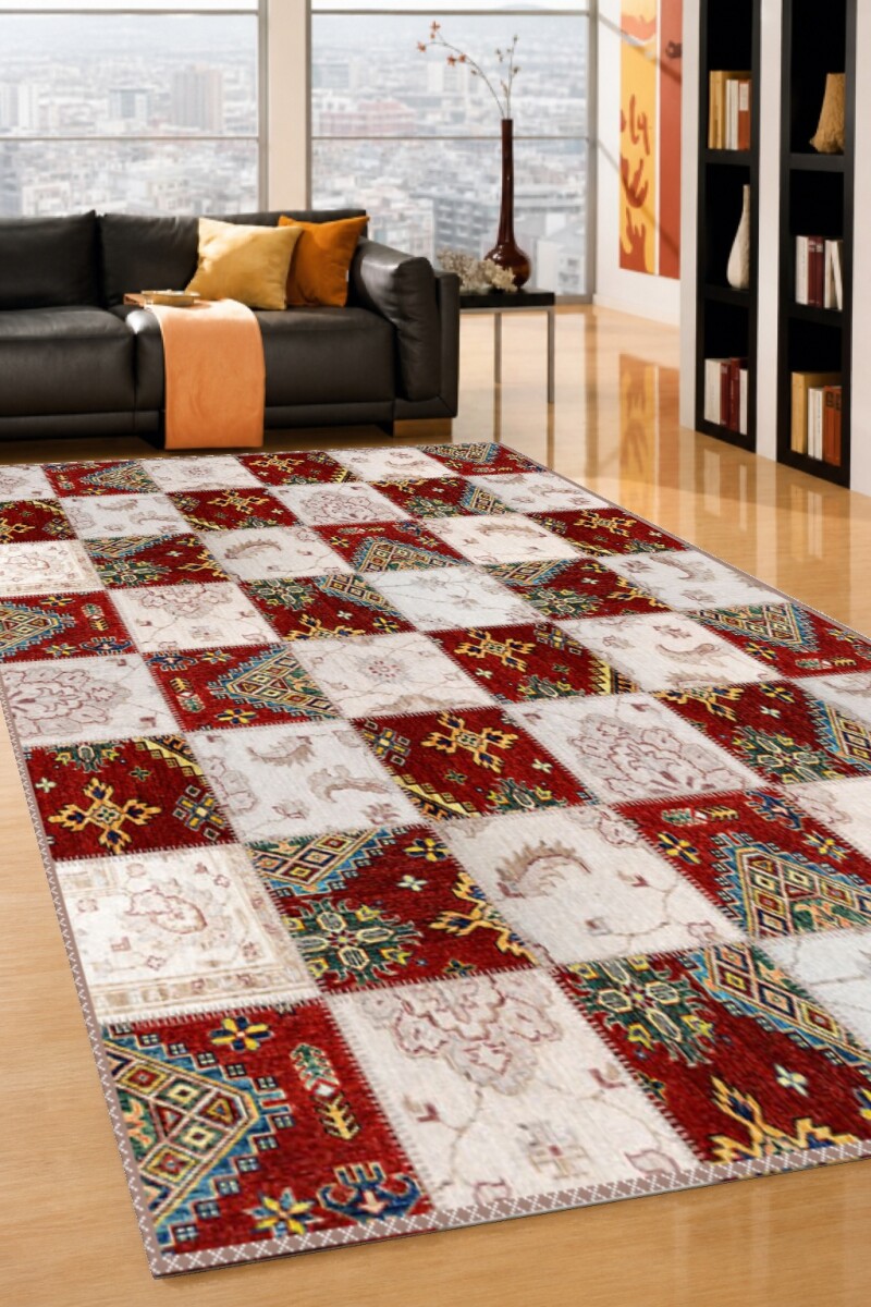 Kırmızı Krem Dama Tahtası Kazak Geometrik Çiçek Patchwork Halı