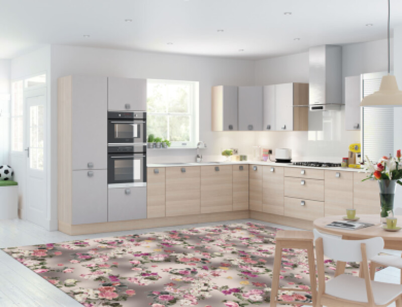 Çiçekli Dekoratif Mutfak Halısı – Pembe Beyaz Gül Buketi Romantik Shabby Chic Gri Zemin