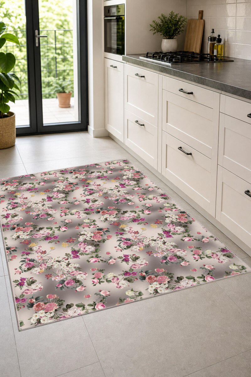 Çiçekli Dekoratif Mutfak Halısı – Pembe Beyaz Gül Buketi Romantik Shabby Chic Gri Zemin