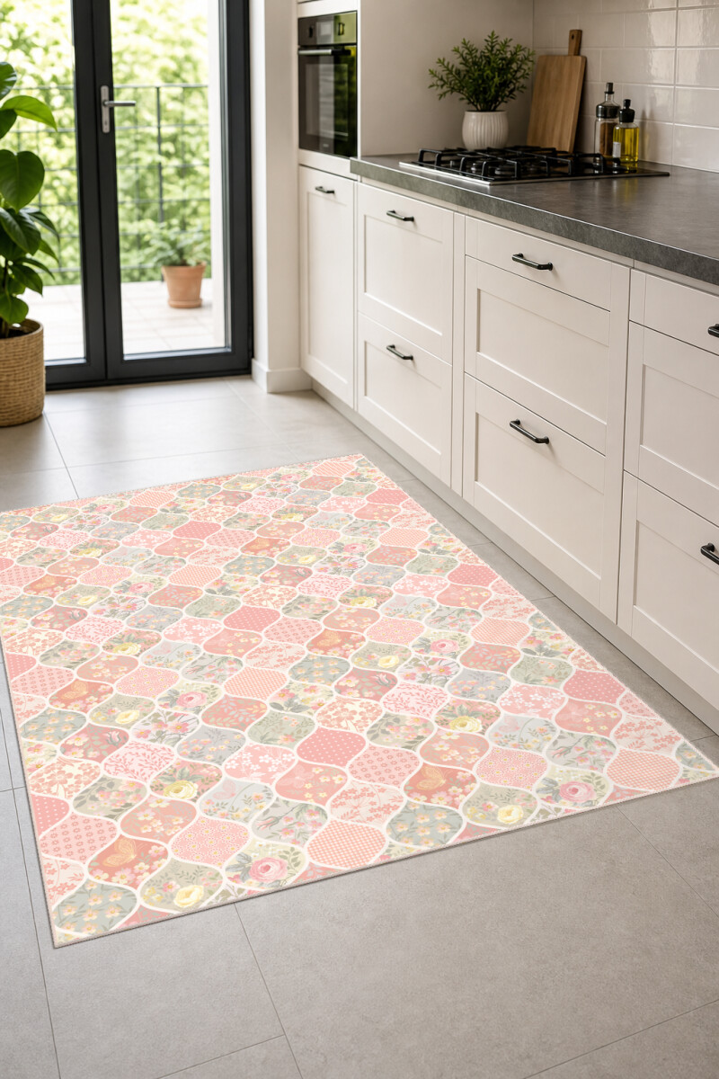 Çiçekli Etnik Patchwork Dekoratif Mutfak Halısı – Somon Şeftali Ogee Hücre Küçük Çiçek Soft Sıcak